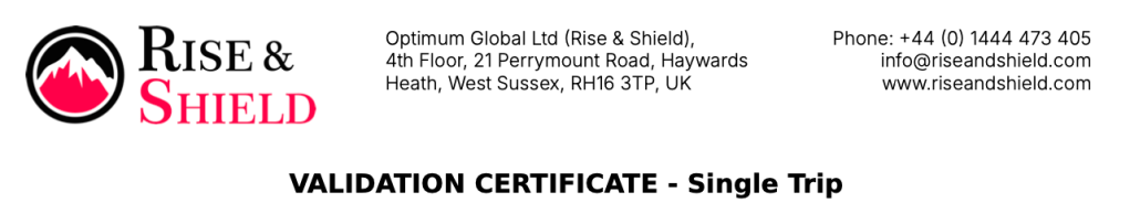 包含'RISE & SHIELD'字樣的驗證證書,上方顯示公司地址和聯繫信息。