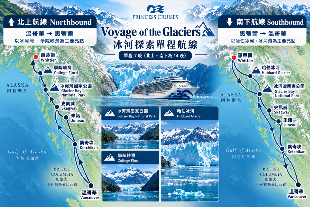一張顯示阿拉斯加冰河探險航線的地圖，包括北上和南下路線，標示出主要景點和港口。